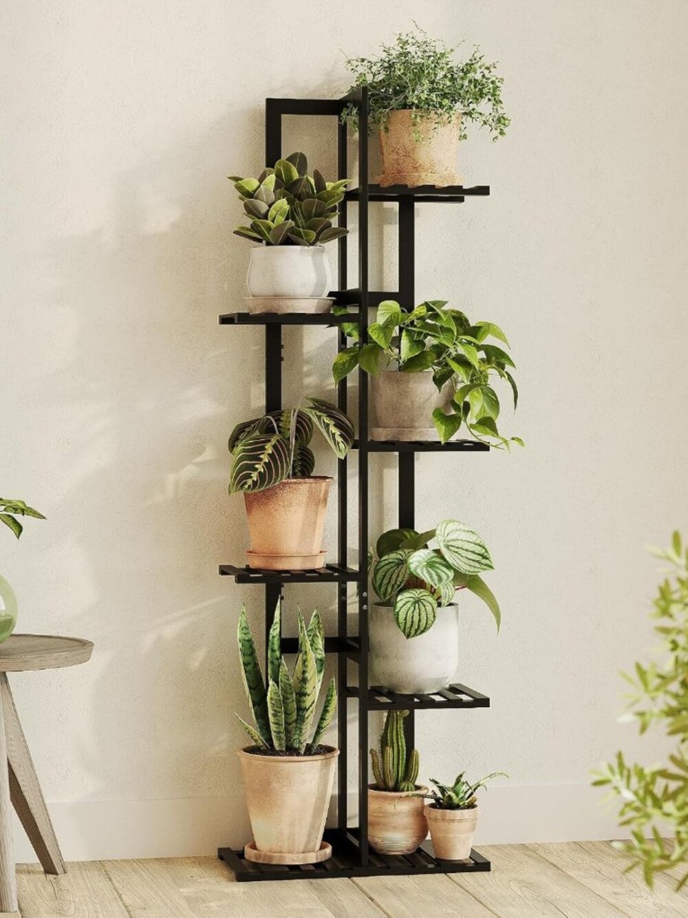 6-Tier Bamboo Plant Stand for Indoor Use - Stylish Black 48-Inch Plant Shelf
